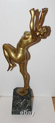 Statue Naked Dancer Signed R. Monserez Bronze Base Marble Marble Art Deco Antique Rare