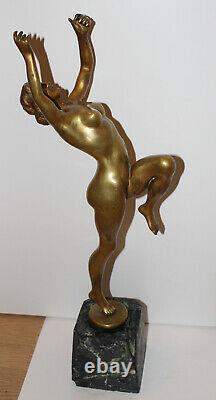Statue Naked Dancer Signed R. Monserez Bronze Base Marble Marble Art Deco Antique Rare