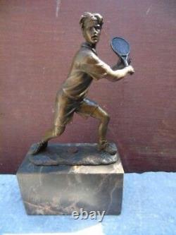 Statue Of A Bronze Tennis Player On Marble Signed
