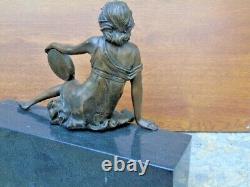 Statue Of A Woman And Her Bronze Tambourine On Marble Signed