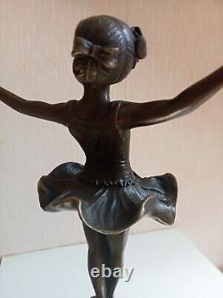 Statuette Dancer Art Deco Bronze Signed On Green Marble Support Height 32 CM