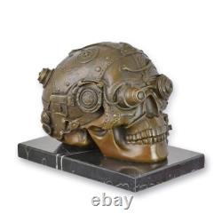 Steampunk Sculpture of a Skull on a Black Marble Base Signed