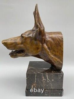 Subject Bronze Max The Verrier Tete German Shepherd Dog Socle Marble 1930 E705