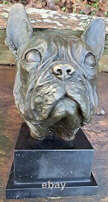 Superb Bronze French Bulldog Head on Marble, Signed by Denichez and Turpin.