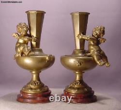 Superb Pair Antique Angelot Bronze & Marble Vases Signed Aug. Moreau