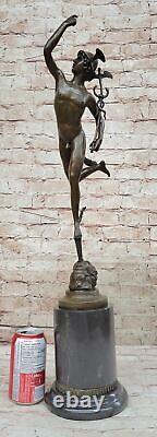 Superb Signed Bronze Sculpture Statue Mercury Hermes with Marble Decoration