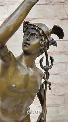 Superb Signed Bronze Sculpture Statue Mercury Hermes with Marble Decoration