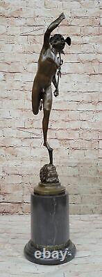 Superb signed bronze sculpture statue of Mercury Hermes in marble decor.