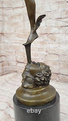 Superb signed bronze sculpture statue of Mercury Hermes in marble decor.