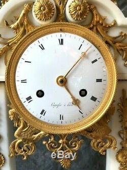 Time Portico Clock Signed Laguefse Empire Paris In White Marble Ormolu