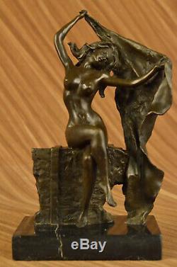 Top Signed Aldo Vitaleh Art Deco Bronze Statue Pedestal Marble Flesh Girl