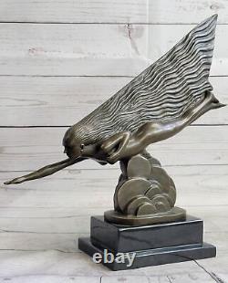 Translated title: 'Signed Bronze Swimmer Girl Sculpture Statue on Marble Base Figurine Home Decor'