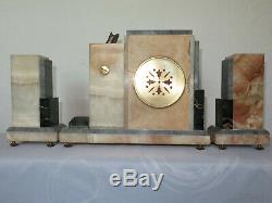 Very Rare! Marble Bronze Clock Set Clock Chryselephantine Signed Art Deco