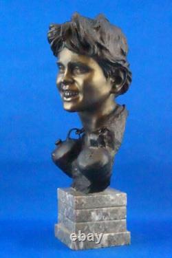 Vincenzo Cinque, Bronze Child Bust, Marble Base, Naples, 19th Century, Liberty Style