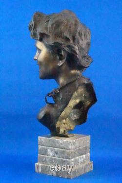Vincenzo Cinque, Bronze Child Bust, Marble Base, Naples, 19th Century, Liberty Style