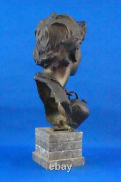 Vincenzo Cinque, Bronze Child Bust, Marble Base, Naples, 19th Century, Liberty Style