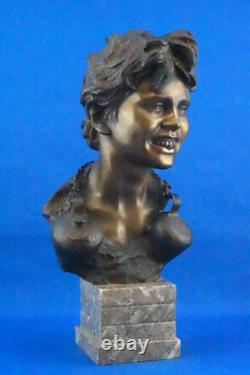 Vincenzo Cinque, Bronze Child Bust, Marble Base, Naples, 19th Century, Liberty Style