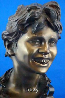 Vincenzo Cinque, Bronze Child Bust, Marble Base, Naples, 19th Century, Liberty Style