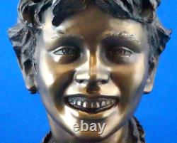 Vincenzo Cinque, Bronze Child Bust, Marble Base, Naples, 19th Century, Liberty Style