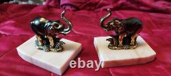 Vintage Art Deco elephant bronze and marble signed TEDD bookends
