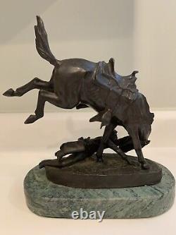 Vintage Base In Green Marble Sculpture Frederick Remington The Mean Pony