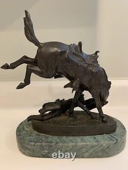 Vintage Base In Green Marble Sculpture Frederick Remington The Mean Pony