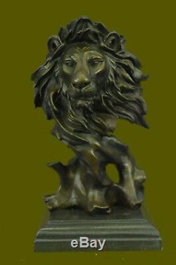 Vintage Brass Or Bronze Lion Head Bust Sculpture Signed, Marble Base Hot Iron