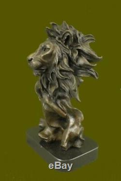 Vintage Brass Or Bronze Lion Head Bust Sculpture Signed, Marble Base Hot Iron
