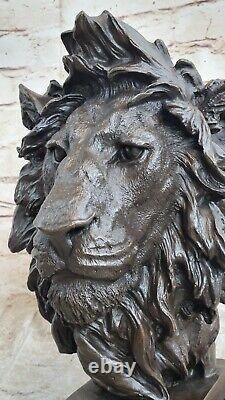 Vintage Brass Or Bronze Lion Head Bust Sculpture, Signed, Marble Base Statue