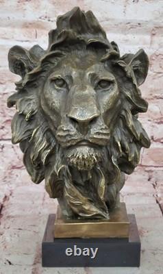 Vintage Brass or Bronze Lion Head Bust Sculpture, Signed, Marble Base Statue
