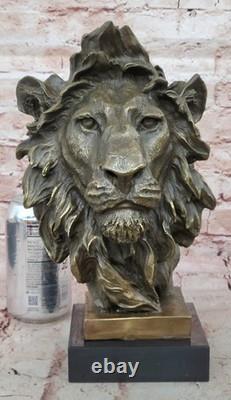 Vintage Brass or Bronze Lion Head Bust Sculpture, Signed, Marble Base Statue
