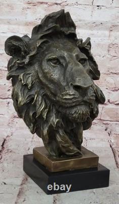 Vintage Brass or Bronze Lion Head Bust Sculpture, Signed, Marble Base Statue