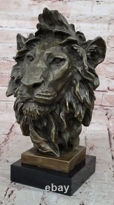 Vintage Brass or Bronze Lion Head Bust Sculpture, Signed, Marble Base Statue