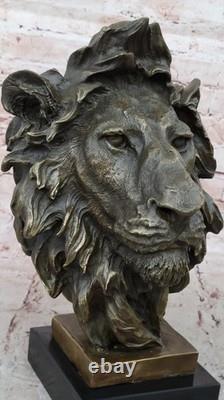 Vintage Brass or Bronze Lion Head Bust Sculpture, Signed, Marble Base Statue