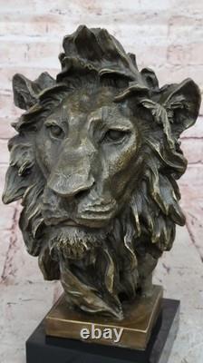 Vintage Brass or Bronze Lion Head Bust Sculpture, Signed, Marble Base Statue