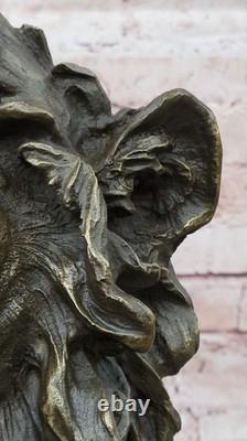 Vintage Brass or Bronze Lion Head Bust Sculpture, Signed, Marble Base Statue