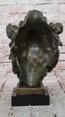 Vintage Brass or Bronze Lion Head Bust Sculpture, Signed, Marble Base Statue