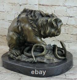Vintage Bronze Sculpture Lion Vs Statue. Serpent Signed True Base Marble