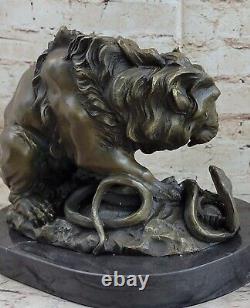 Vintage Bronze Sculpture Statue Lion Vs. Serpent Signed Genuine Marble Base