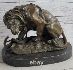 Vintage Bronze Sculpture Statue Lion Vs Serpent Signed True Marble Base
