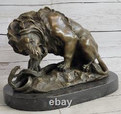 Vintage Bronze Sculpture Statue Lion Vs Serpent Signed True Marble Base