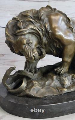 Vintage Bronze Sculpture Statue Lion Vs Serpent Signed True Marble Base