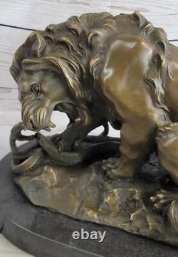 Vintage Bronze Sculpture Statue Lion Vs Serpent Signed True Marble Base