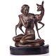 Vintage Bronze Sculpture Of A Woman With A Deer On Black Marble Signed