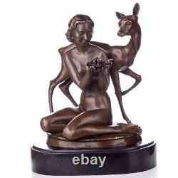 Vintage Bronze Sculpture of a Woman with a Deer on Black Marble Signed