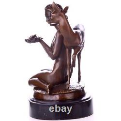 Vintage Bronze Sculpture of a Woman with a Deer on Black Marble Signed