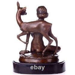 Vintage Bronze Sculpture of a Woman with a Deer on Black Marble Signed