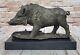 Vintage Japanese Bronze Wild Boar Statue With Signed Marble Base Cast Iron