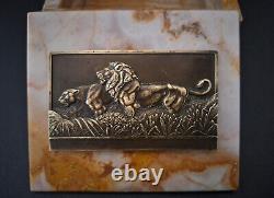 Vintage Marble Box Plaque In Lion Bronze Signed Thénot Art Deco 1930