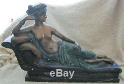Vintage Semi Chair Woman On Chaise Lounge Bronze Signed Gossin On Marble Base